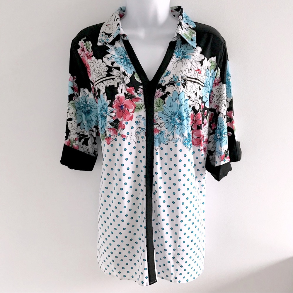 Nygard Blue Floral Polka Dot Summer Blouse with Adjustable Sleeves Plus Size